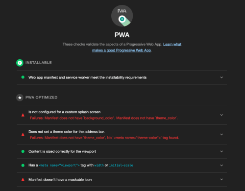 A lighthouse report showing the performance of a PWA